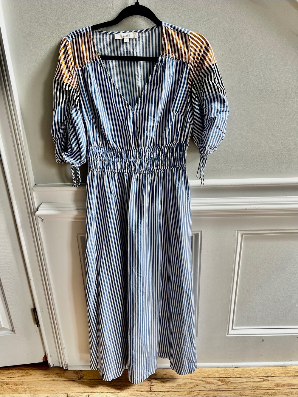 LOFT Blue White Striped Smocked Waist Midi Maxi Dress Balloon Sleeve Small